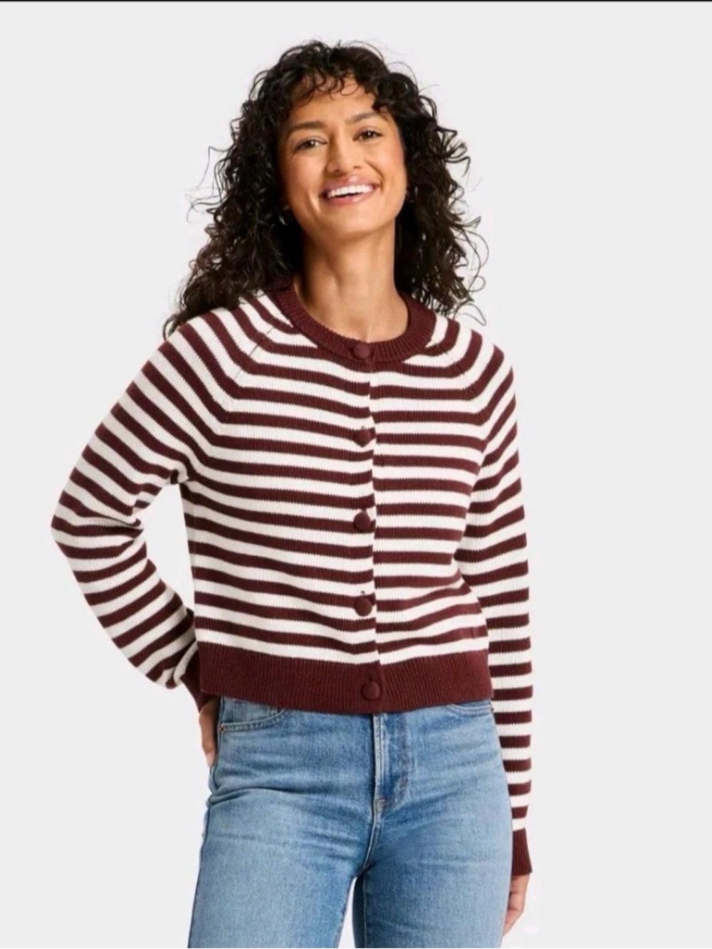 Striped Button-Front Cardigan Sweater - Maroon & White